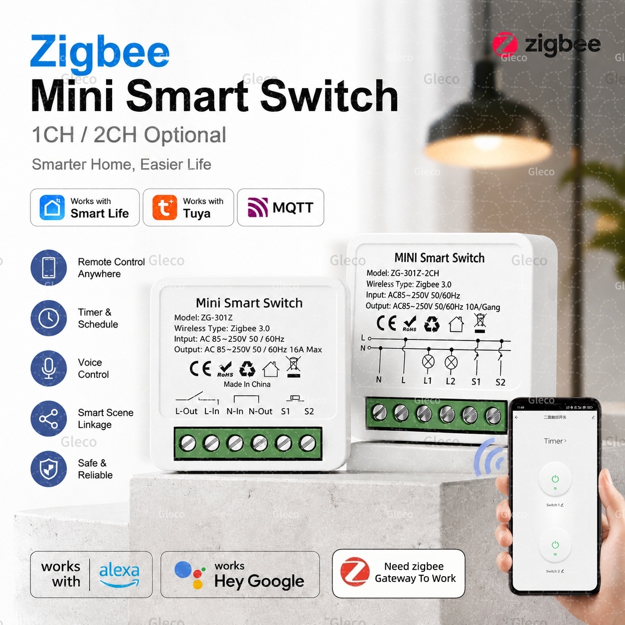 Smart Home Diy - Zigbee Tuya スマートスイッチ スマートライフ 10A/16A 1/2CH