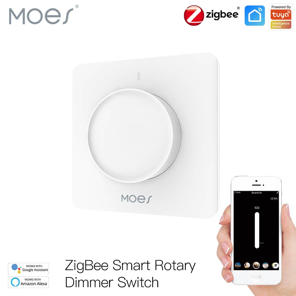 Smart Home Moes - MOES Tuya Zigbee スマート回転式調光スイッチ。つまみで明るさを調整でき、AlexaやGoogle Homeと連携して使用可能。