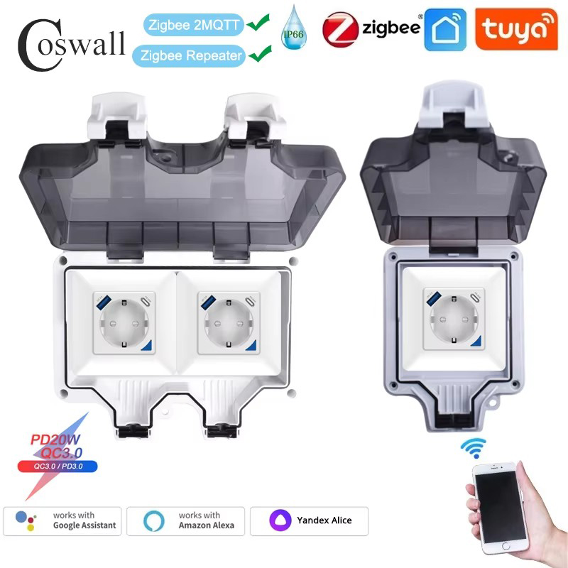 Smart Outdoor Plug - Coswall-防水ip66 EUタイプCおよびデュアルUSB充電器,wifi/zigbee,pd 20w,c