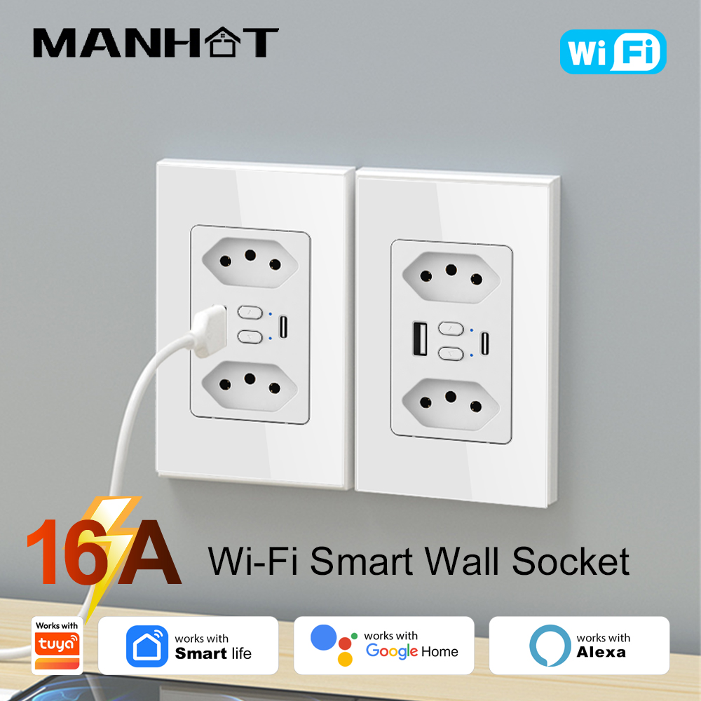 Wifi Smart Plug - MANHOT Wifi スマートブラジルソケットスイッチ USB Type-C プラグコンセント付き