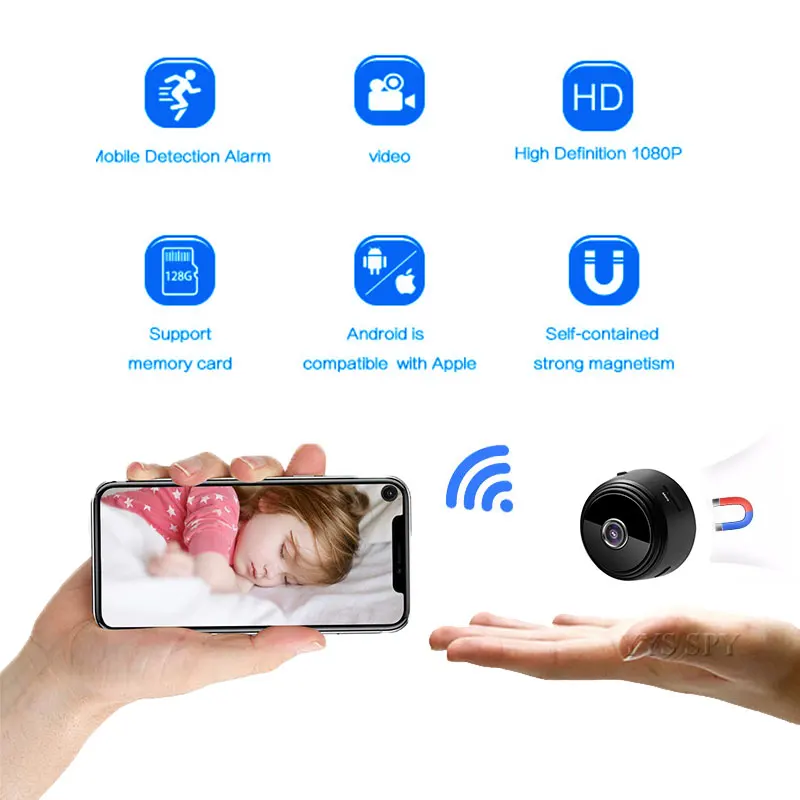 Smart Home Kamera - ミニIP監視カメラWiFiHD 1080p,ワイヤレスホームセキュリティデバイス,デジタルビデオ