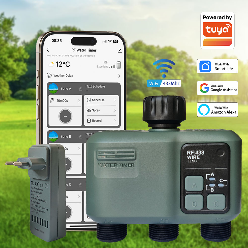 Wifi Smart Plug - Tuya Wifi+RF433 3口給水タイマー ガーデン用ウォータータイマー 雨遅延フィルター プログラム可能な自動灌漑コントローラー