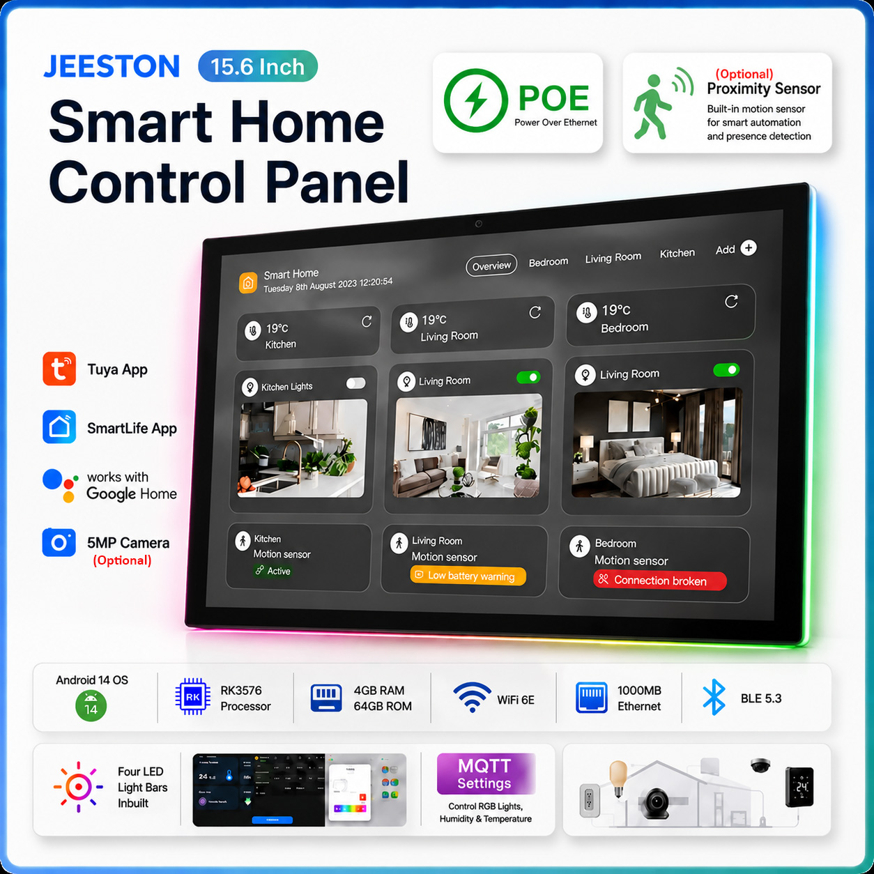 Smart Home Mqtt - 15.6インチ壁掛けスマートホームコントロールタッチパネル Android 14 RK3576 POE 4G+64G、リレー内蔵LEDライトバー、Google